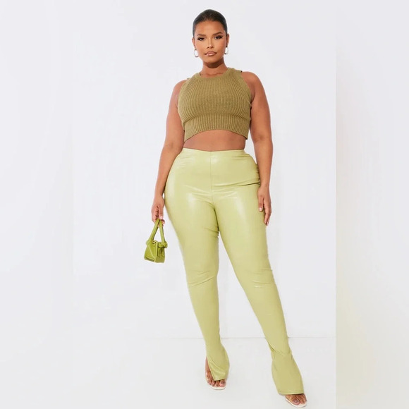 NWT PrettyLittleThing Olive Green Split Hem Faux Leather Pants - Picture 1 of 9